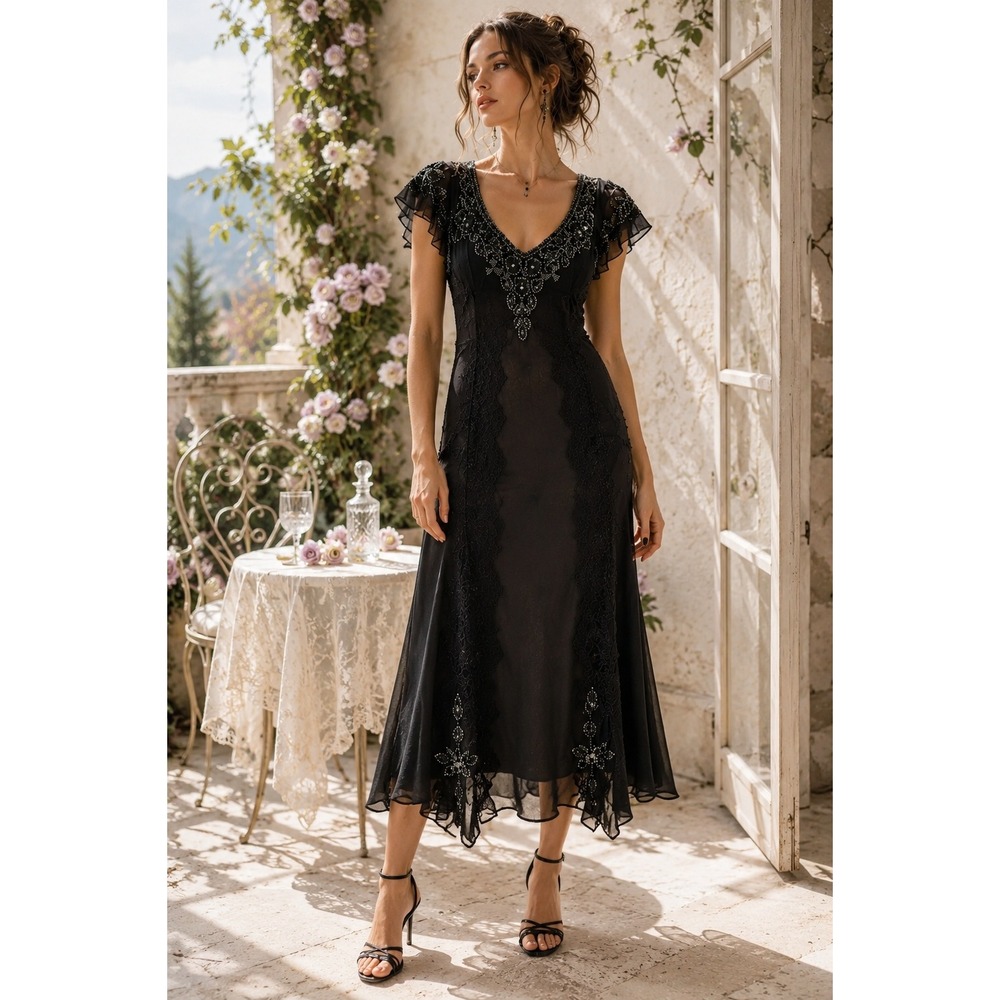 JKARA New York Black Beaded Chevron Chiffon Cocktail Dress Size 12 Art Deco Midi